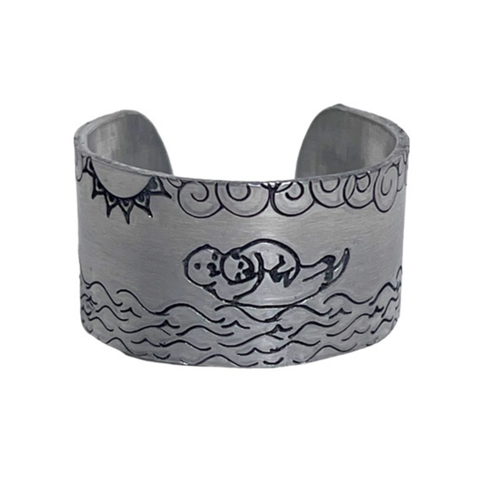 Handmade stamped sea‎ otter silver hypoallergenic adjustable wide cuff ring